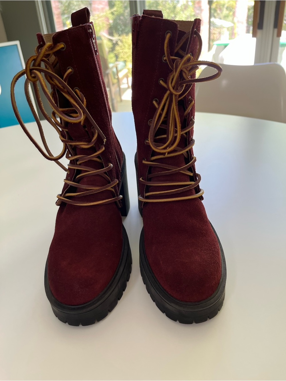 Free People Burgundy Suede Lace-Up Combat Boots with Tan Leather laces